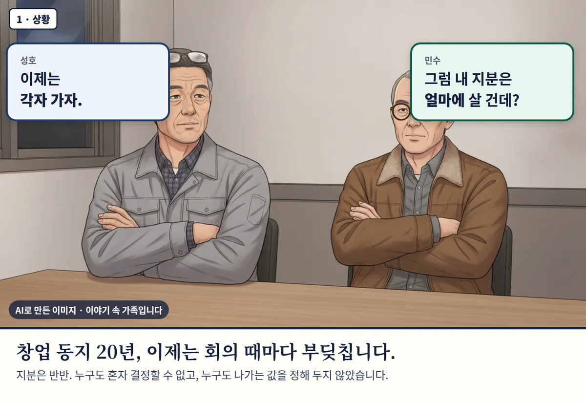 4컷 카툰 한 장면: 동업자 두 사람이 팔짱을 끼고 마주 앉아 지분을 두고 이야기하는 모습